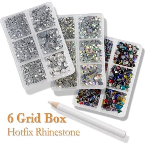 AAA High Quality Hotfix Rhinestones 6 Grid box Mix 6 size 1200Pcs Glass Crystals and stone for DIY Clothes Nail art