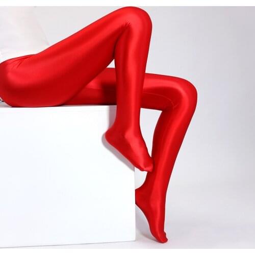 DROZENOWomens red stretch oil shiny silky shiny pants tight sports fitness pants leggings pantyhose