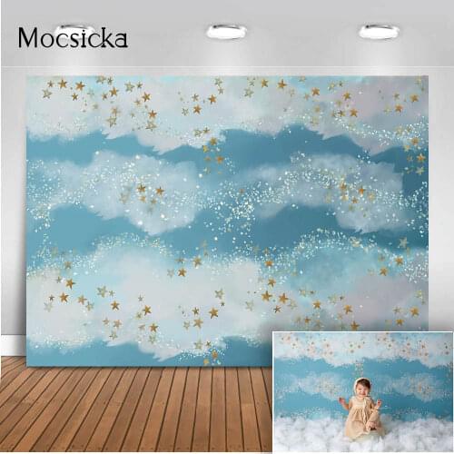 Blue Sky white cloud newborn baby photo background gold glitter stars photography backdrop Children Portrait Photobooth Prop