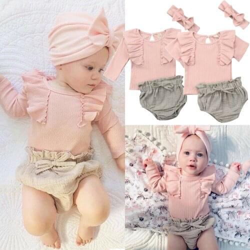 3Pieces Summer New Sweet Baby Girls Cute Clothes Sets New Born Infant Baby Headwear+ Tops T-Shirt+ Shorts Outfits Clothes Sets