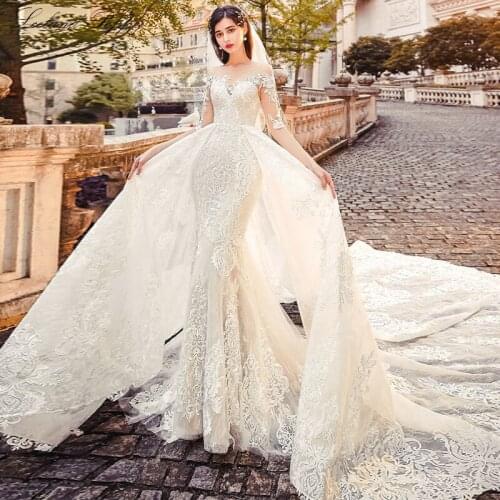 Luxury Lace Mermaid Wedding Dresses 2020 Scoop Neck Half Sleeves Appliques Detachable Train 2 In 1 Bridal Dress Vestido de Noiva