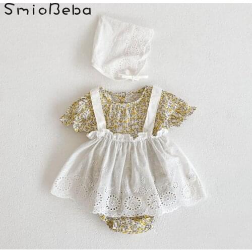 Summer Baby Girl Three Pieces Sets Broken Flower Rompers Dress Suspender Skirt With Hats Pajacyki Dla Niemowlat Idyllic Jumpsuit