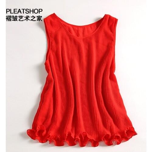HOT SELLING solid color o-neck sleeveless fashion fold ruffles T-shirts IN STOCK