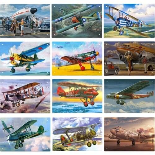 American Style Airplane Fighter Retro Metal Signs DIY Text Aircraft Wall Sticker Vintage Painting Poster Pub Bar Room Home Decor