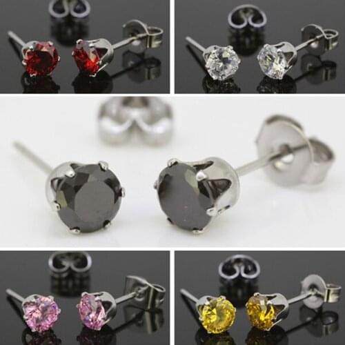 Fashion 5mm Clear Black Red Pink Yellow Round CZ Zircon Crystal 316L Stainless Steel Stud Earrings For Women Men