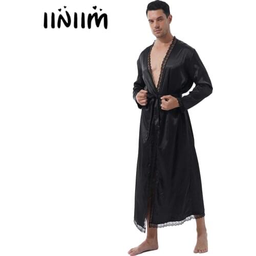 Mens Lounge Sleepwear Lace Trim Long Sleeve Robe Sets Satin Nightwear Belted Bathrobe Kimono Night-robe with Lace-Up Thongs