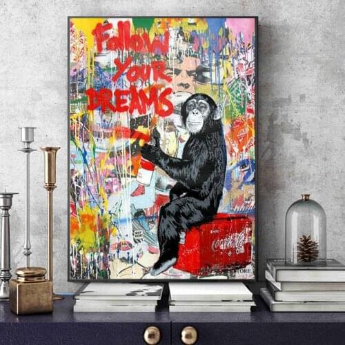 Follow Your Dreams Monkey Graffiti Wall Art Paintings Print on Canvas Art Posters and Prints Animals Street Art Pictures Cuadros