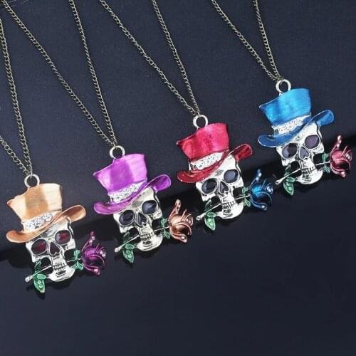 Halloween Punk Style Necklace Magician Rose Skull Pendant Necklace Retro Skull Necklace for Women Men Party Jewelry Gift