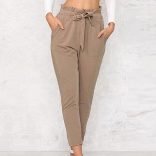 Casual Women Solid Color High Waist Skinny Pants Slim Cropped Pencil Trousers