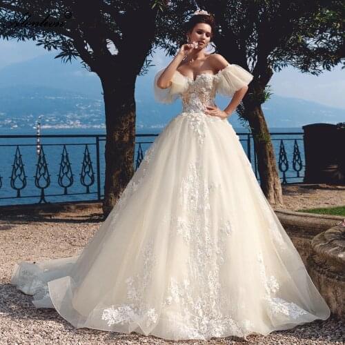 Alonlivn Luxury Beading 3D Floral Prints A-Line Wedding Gowns Sweetheart Puffy Sleeves Delicate Bridal Dresses