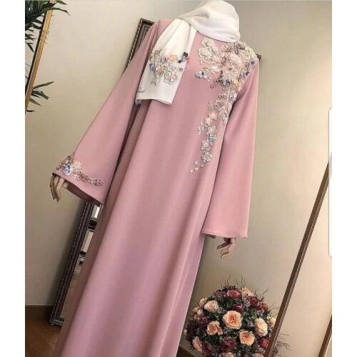 Pink Moroccan Kaftan Caftan Muslim Evening Dresses A-line Long Sleeves Chiffon Appliques Dubai Arabic Turkey Abaya Islamic Gown