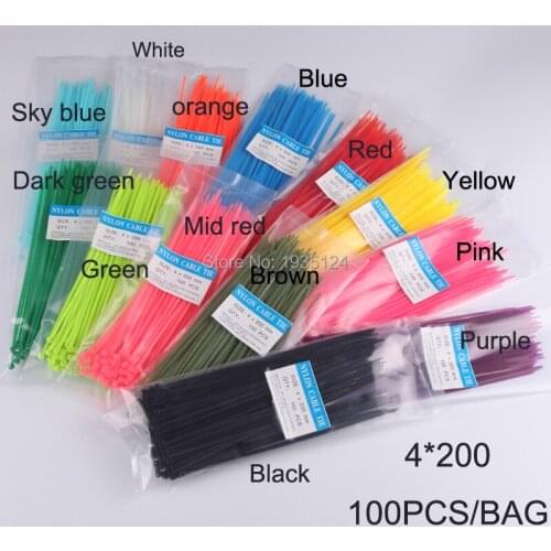 100pcs 4x200 width 3.6mm Self-Locking White Black Red Blue Yellow Green Nylon Wire Cable Zip Ties.Cable Ties