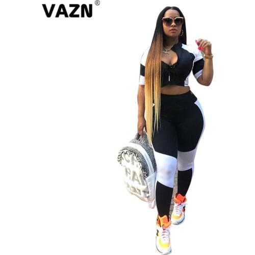 VAZN 2020 New Arrival Patchwork Soft Elastic Tracksuits Full Sleeve Cloth Group High Waist Long Pants Skinny Women 2 Piece Set