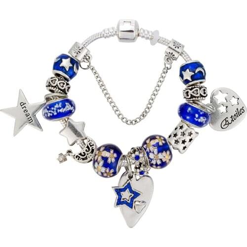 VIOVIA New Blue Star Moon Hot Sale Handmade Charm Bracelet & Bangles for Women Fashion Jewelry Fit Pan Original Bracelets