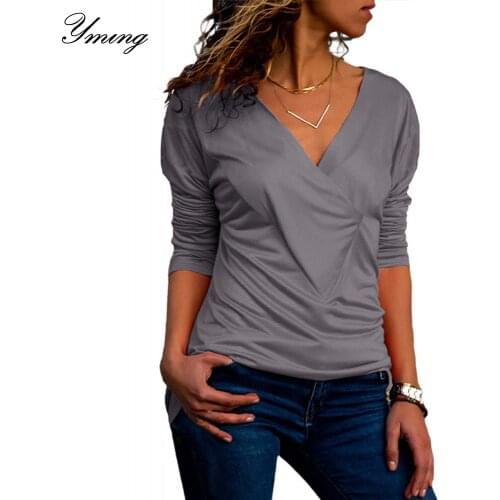 YMING Fashion Women Shirts V Neck Ladies Tops Long Sleeve Ruched Blouses Woman Ruched Tunic Female Blusas Elegant Blouse Clothes