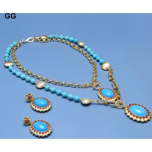 GuaiGuai Jewelry Blue Sea Sediment Jaspers Turquoise Blue Pendant Chain Statement Necklace Earrings Sets 18" For Women