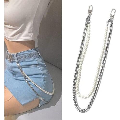 Pearl Strand Side Chain Harajuku Belt Waist Chain Silver Color Pendant Hip Hop Party Punk Friends Colorful Splice Jewelry
