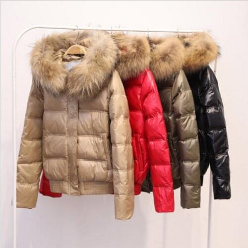 Female Slim Casual Down Outerwear 2021 Winter Women Real Raccoon Fur Collar White Duck Down Hooded Jacket Short Coats