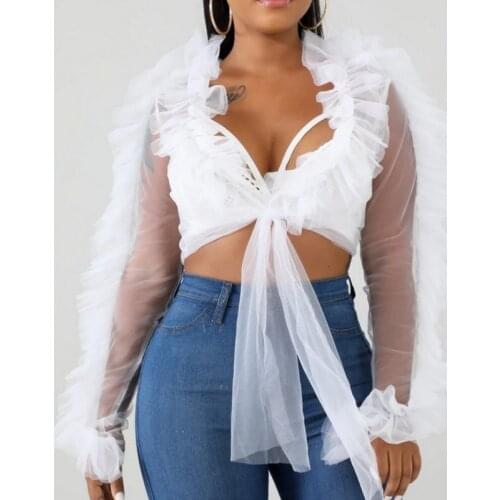 Women Sexy Mesh Sheer Blouse Tulle Ruffles Long Sleeve See Through Crop Tops Shirt New Fashion Outfit Party Club Wear