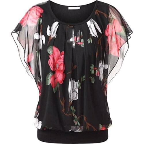 Womens Tops Fashion Summer Chiffon Blouse for Girls Floral Print Short Sleeve Loose Womens Tops Sexy Ruffle Blouses Plus size