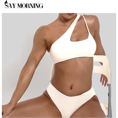 SAY MORNING High Cut One Shoulder Swimsuit Thong With High Waist Swimwear Swim Bath Suit Women 2021 Sexy Solid Bandage Bikini