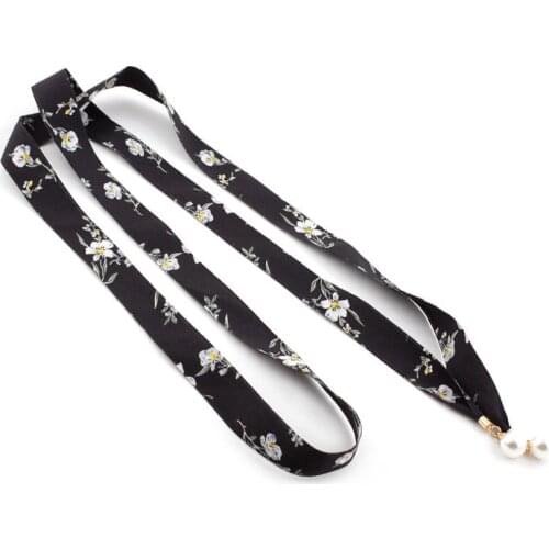 Women Floral Silk Scarf Knotted Cloth Belt Pearl Pendant Chiffon Ribbon Printing Knot Rope for Dress Coat Decorative Waistband