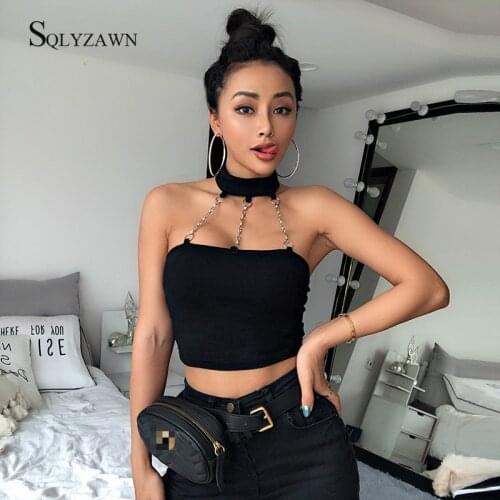 Sexy Off Shoulder Halter Tops Women Metal Chain Patchwork Backless Skinny Crop Tops Gothic Black Tank Top Ladies Night Clubwear