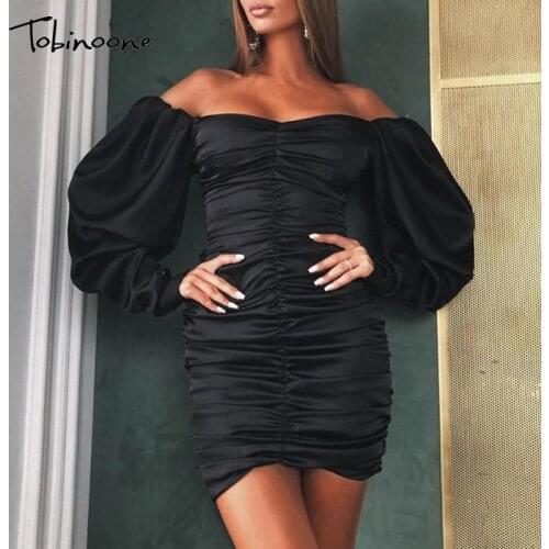 Tobinoone Satin Off Shoulder Puff Sleeve Mini Dress Women Ruched Bodycon Backless Dresses Sexy Solid Slim Party Vestidos 2021
