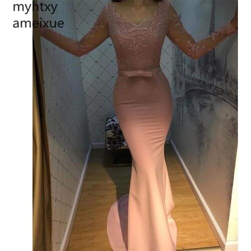 Sexy Rose Pink V-neck Plus Size Prom Dress With Long Sleeves Appliques Beading Robe De Bal Mermaid Style Satin Bow Sash Soiree