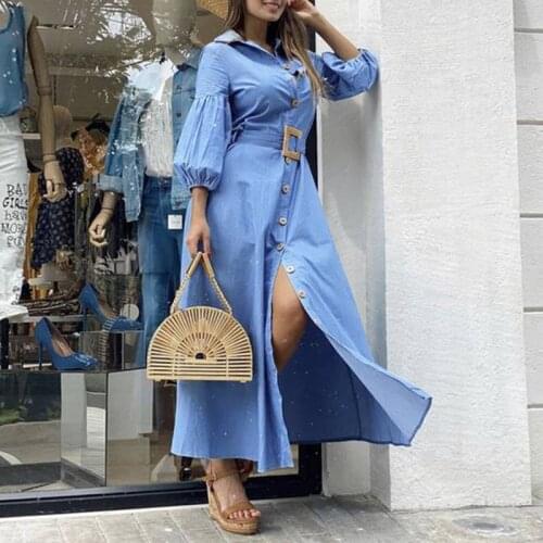 S- Women Dress VONDA Solid Robe Ladys Puff Sleeve Lapel Collar Button Up Bohemian Vestido Asymmetric Dresses