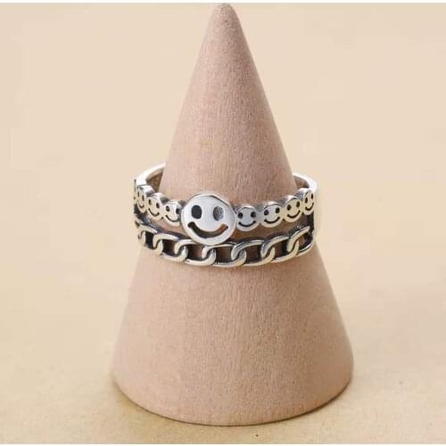 Vintage Ancient Silver Color Happy Smiling Face Open Rings for Women Punk Hip Hop Adjustable Ring Fashion Jewelry Best Gift anel