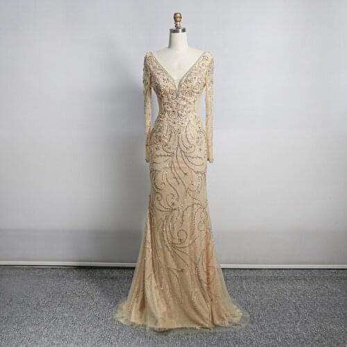 Gold V-neck Sexy Evening Dresses 2020 Beading Sleeveless luxurious Mermaid Evening Gowns Real Photo LE40729