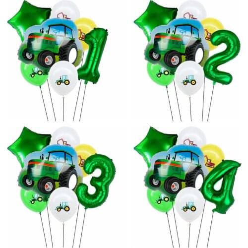 7pcs Tractor Digital Balloons Set Green Construction Car Foil Balloon Boys Gifts Birthday Party Decor Kids Toys Home Supplies