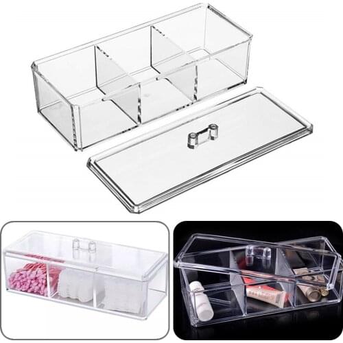 Acrylic Cotton Swab Holder Storage Box with Lid 3 Compartmens Crystal Clear Makeup Cotton Pad Cosmetcis Organizer Case