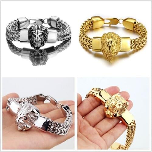 Stainless Steel Fashion Silver Color/Gold Punk Animal Lion Head Franco Figaro Chain Mens Bracelet Bangle 8.66" Christmas Gift