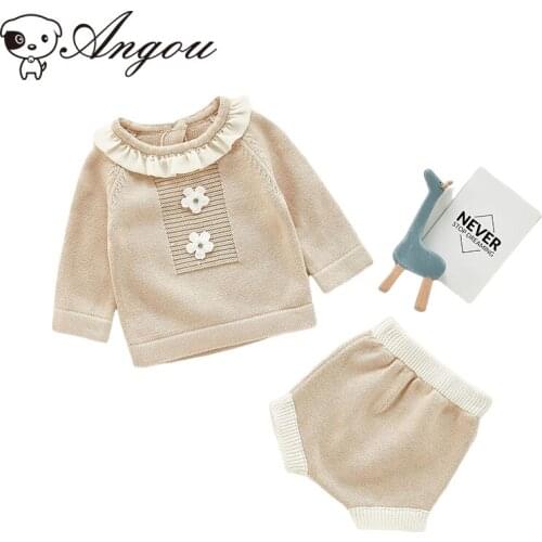 Angou Baby Girl Autumn Clothes Set Fashion Newborn Infant Knitting Cotton Lace Flower Top+Shorts Lovely Set For Toddler Outfits