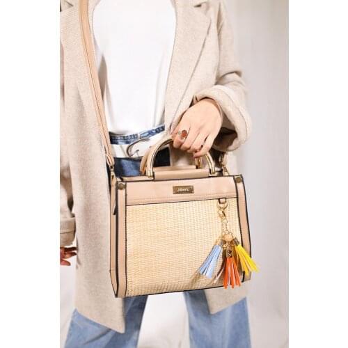 Womens Beige Fronting Straw Processing Hand & Shoulder Bag