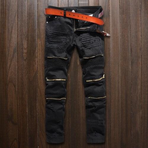 Fashion Casual Slim Fit Biker Jeans Hip Hop Destroy Stretch Denim Pants Motorcycle Skinny Jeans Men White Ripped Knee Zipper