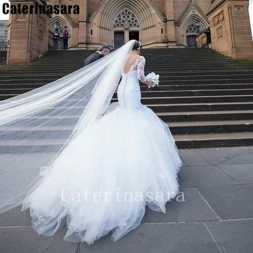 Lace V-Neck 3/4 Long Sleeves Tulle Mermaid Wedding Dress Zipper and Button Back Bridal Gown