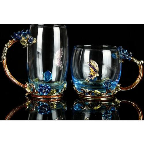 Personalized Coffee Mugs Glass Enamel Luxury Vintage Tea Mug with Spoon Metal Decoration Drinkware Creative Gift H1125