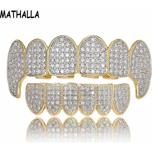 MATHALLA Full Cubic Zircon Toothed Grillz Top Bottom Barbecue Punk Teeth Cap Cosplay Mens Hip Hop Jewelry