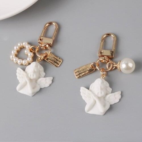 Cute Cartoon Angel Vintage Baroque Imititated Pearl Ball Pompom Key Chains Bag Pendent Charm Accessories Kids Toys