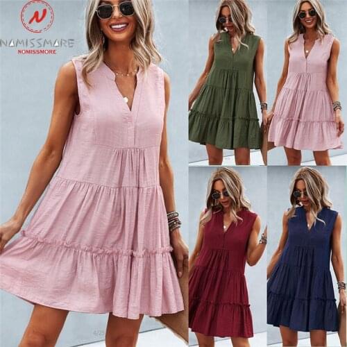 Fashion Women Summer Solid Color A-Line Dress Patchwork Design Ruffles Decor V-Neck Sleeveless Mid Waist Pullovers Mini Dress