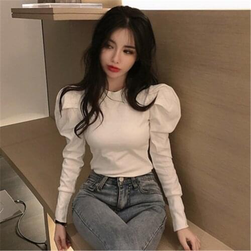 2020 Autumn Spring New Retro Slim Fit Bottom T Shirt O Neck Solid Puff Long Sleeve Pleat Tees Autumn Spring 2020 New Top