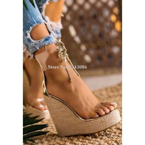 Lady New PVC Lace-up Wedge Sandals Shoes Women Fashion Peep Toe Transparent Platform Sandals Sexy Banquet Shoes Dropship