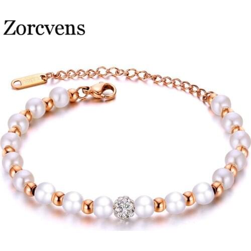Modyle Charm Zircon Ball Bracelets & Bangles Rose Gold Color Stainless Steel Simulated Pearl Wedding Jewelry For Women