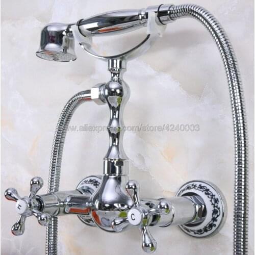 Polished Chrome Wall Mounted Bathroom Faucet Bath Mixer Tap With Hand Shower Head Shower Faucet Kna194