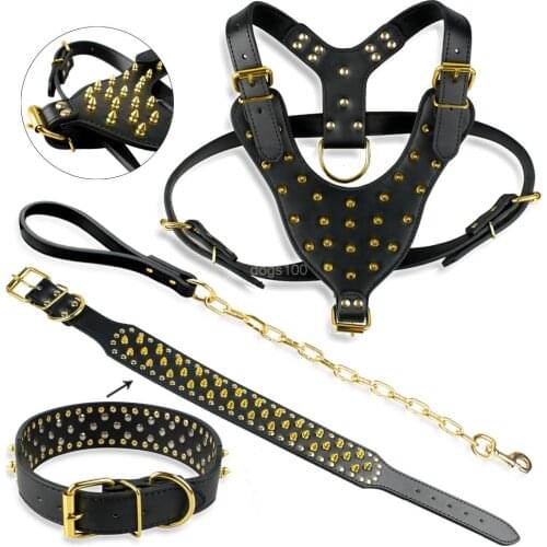 Large Dog Pet Pitbull Gold Spikes Studded Leather Harness Collar Leash Set for Large Dogs