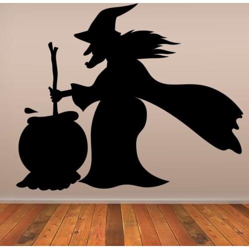 On Sale Witch With Cauldron Wall Sticker Living Room Self Adhesive Cartoon Halloween Home Decor Wall Mural