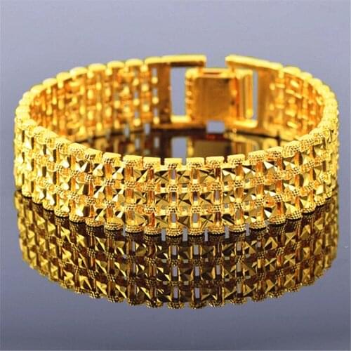 Luxury 24k Gold Color Not Fade Bangle Bracelets for Men Watchbands & Coins Jewelry Masculine Accessories Party Gifts Hot Rich